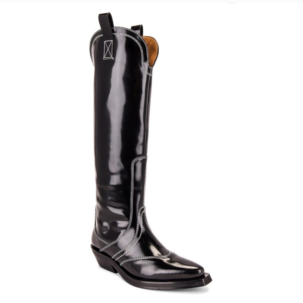 NEW Ganni black knee high cowboy boots